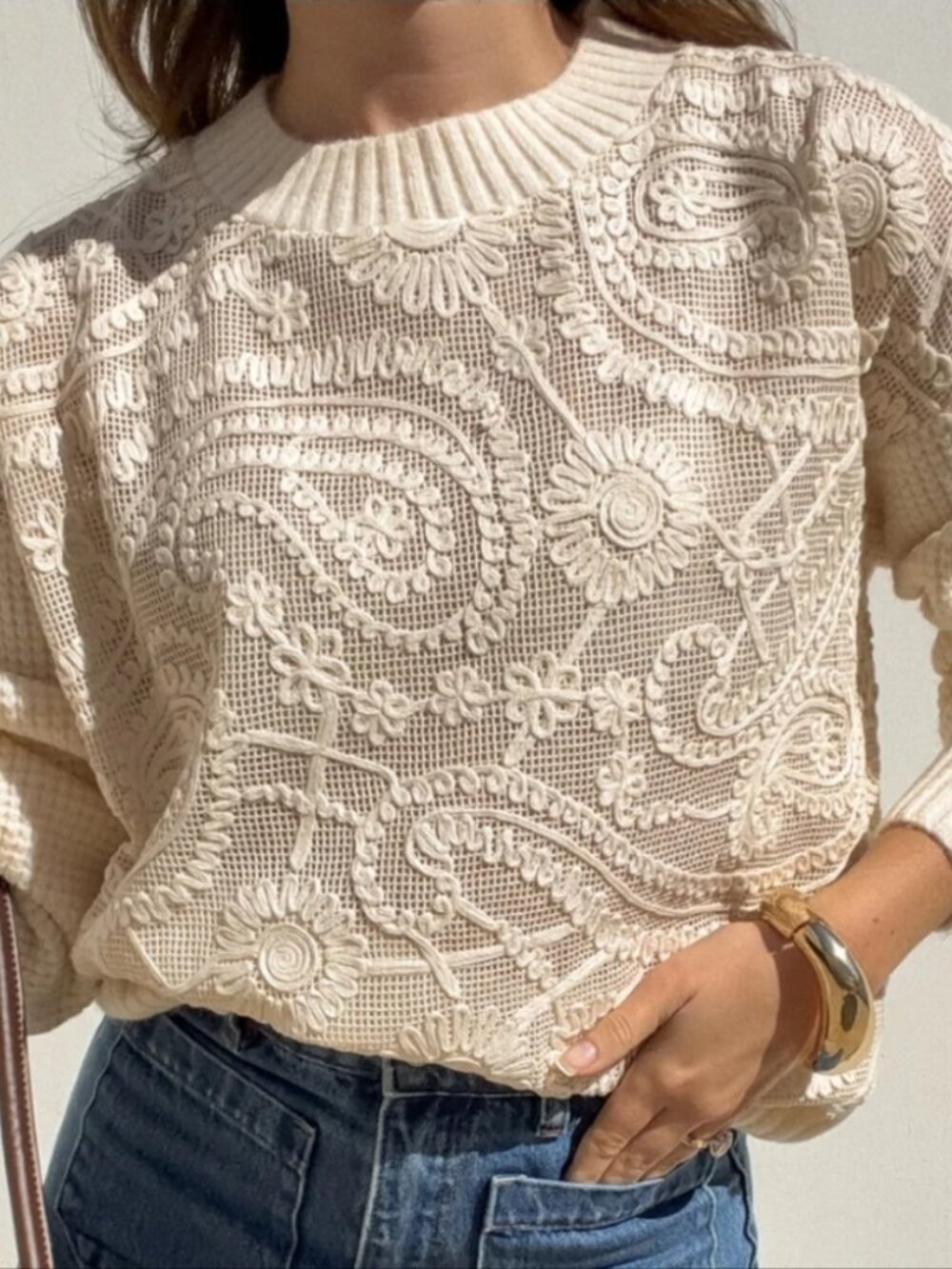 Stitch + Feather Kya Embroidered Knit Sweater Small